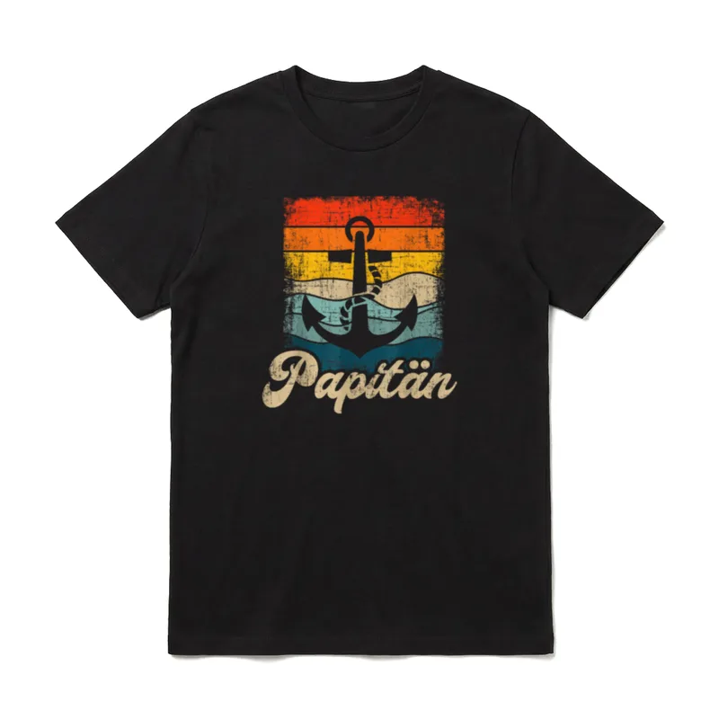Papitän retro für Papa T-Shirt – Retro-Anker mit Papitän-Schriftzug auf bunten Streifen – Klassisches T-Shirt in Schwarz