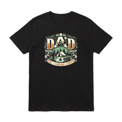 Camping Dad Shirt – Vater am Zelt mit Schriftzug „DAD THE CAMPING LEGEND“ – Klassisches T-Shirt in Schwarz