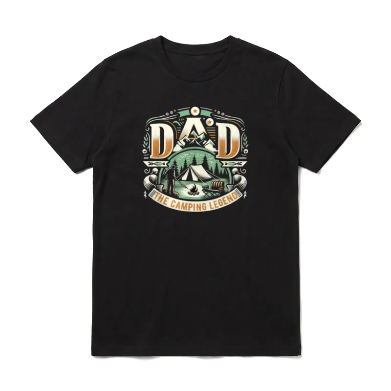 Camping Dad Shirt – Vater am Zelt mit Schriftzug „DAD THE CAMPING LEGEND“ – Klassisches T-Shirt in Schwarz