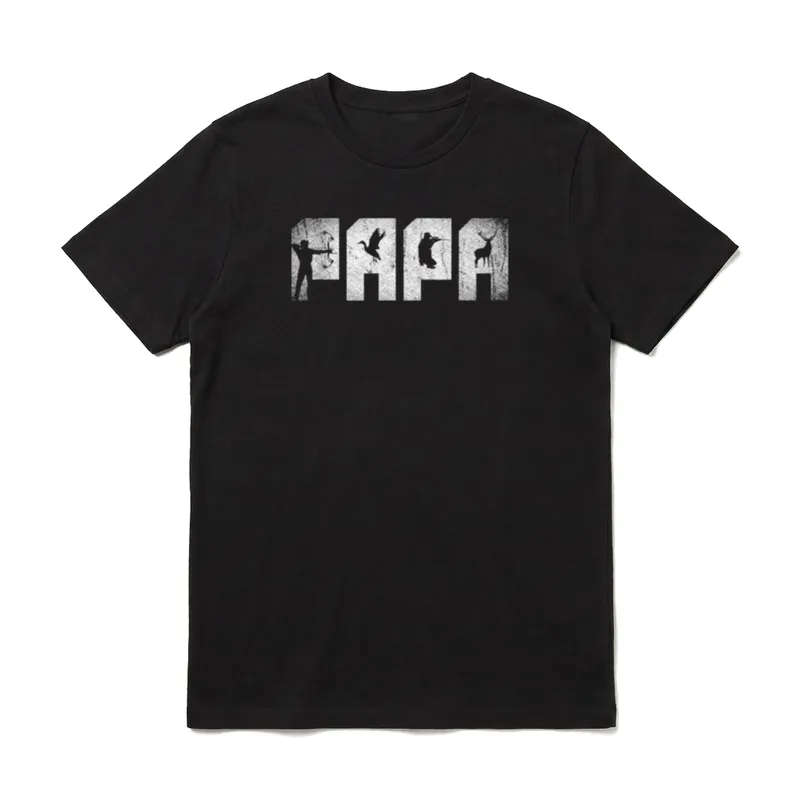 zum Vatertag Jagen Jäger T-Shirt – PAPA-Schriftzug mit Bogenschütze, Vogel, Jäger und Hirsch – Klassisches T-Shirt in Schwarz
